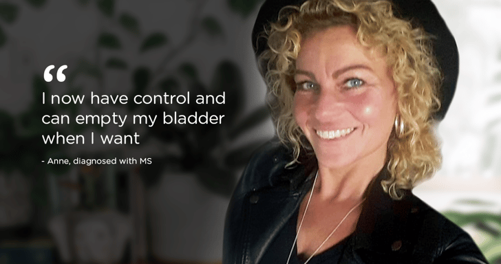 Woman in leather jacket and black hat smiles at camera. Text reads: I now have control and can empty my bladder when I want - Anne, diagnosed with MS